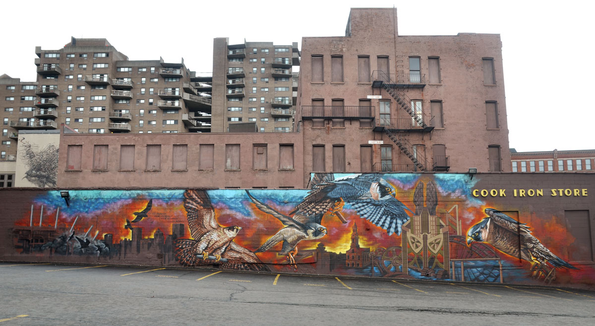 Long mural on the side of Cooks Iron Store, many falcons in flight over a city skyline at sunset. Taller buildings are in the background, empty parking lot is in the foreground.