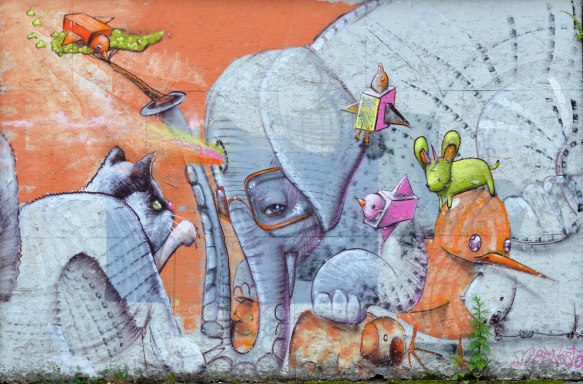 Wall Therapy mural in Rochester, on the side of a building, whimsical elephant, cat, and other animals, 