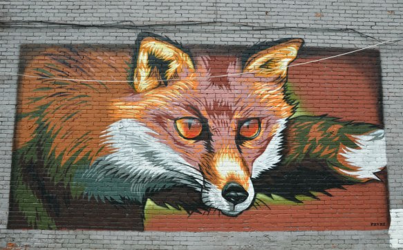 Wall Therapy mural in Rochester, on the side of a building, A very realistic looking fox with round beady eyes 