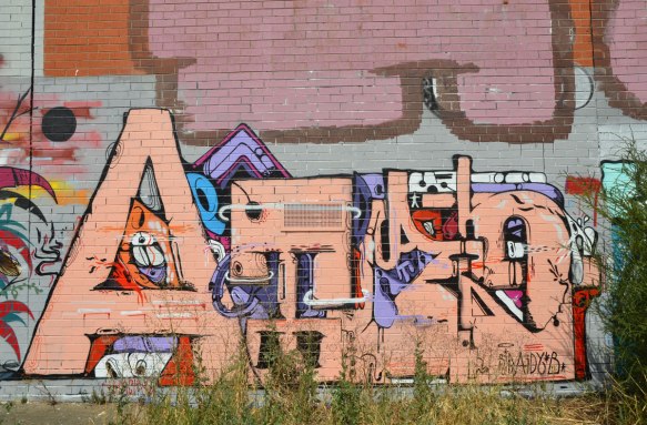 tag-like street art, letters with a capital A in the beginning, the letters are in a peach or salmon colour. 