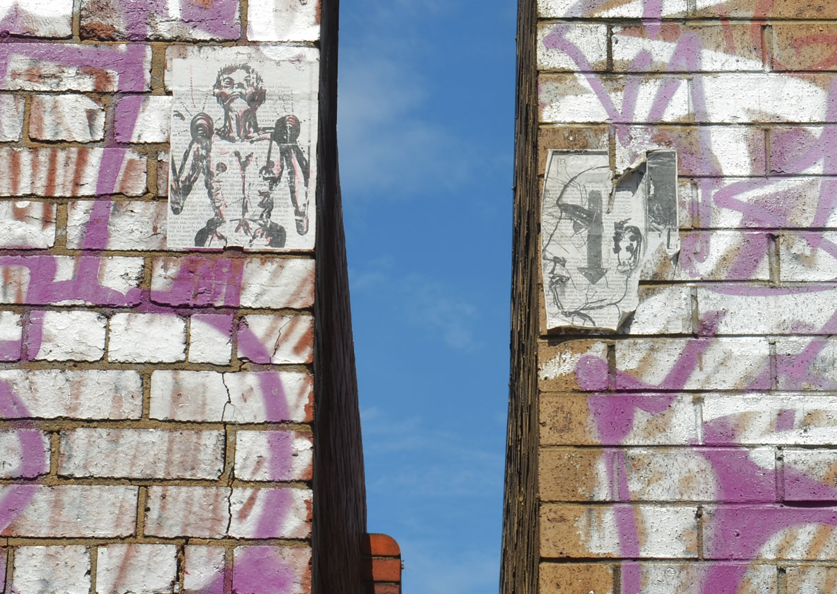 Two wheatpastes. Both are on a page of an old book. Each is drawn in black. On the left is the head and torso of a man, on the other is a man's head in profile. 