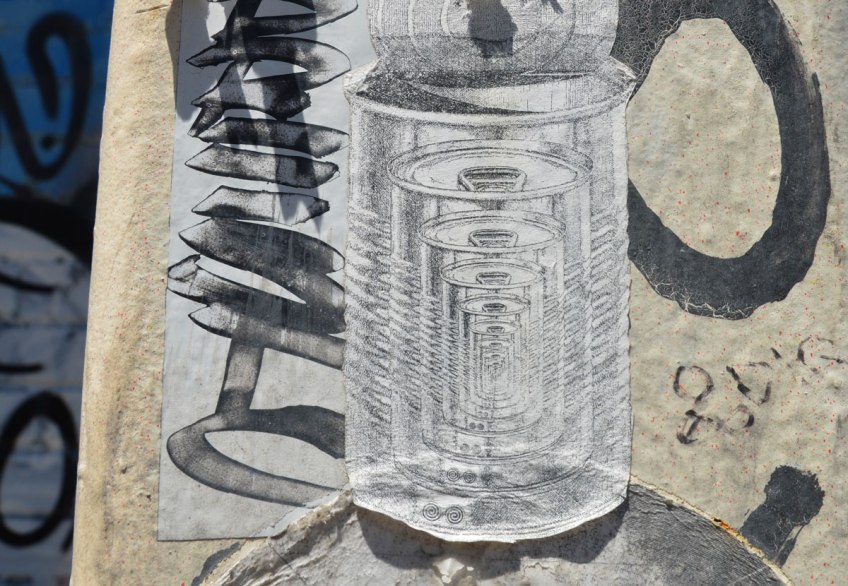small black drawing on white paper paste up of many cans inside each other, each can slightly smaller than the one before it.