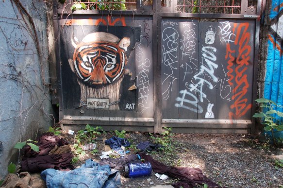 KAT graffiti artist poster of a person wearing a tiger mask, head and shoulders only visible, with a sign in front of it that says 'not guilty'