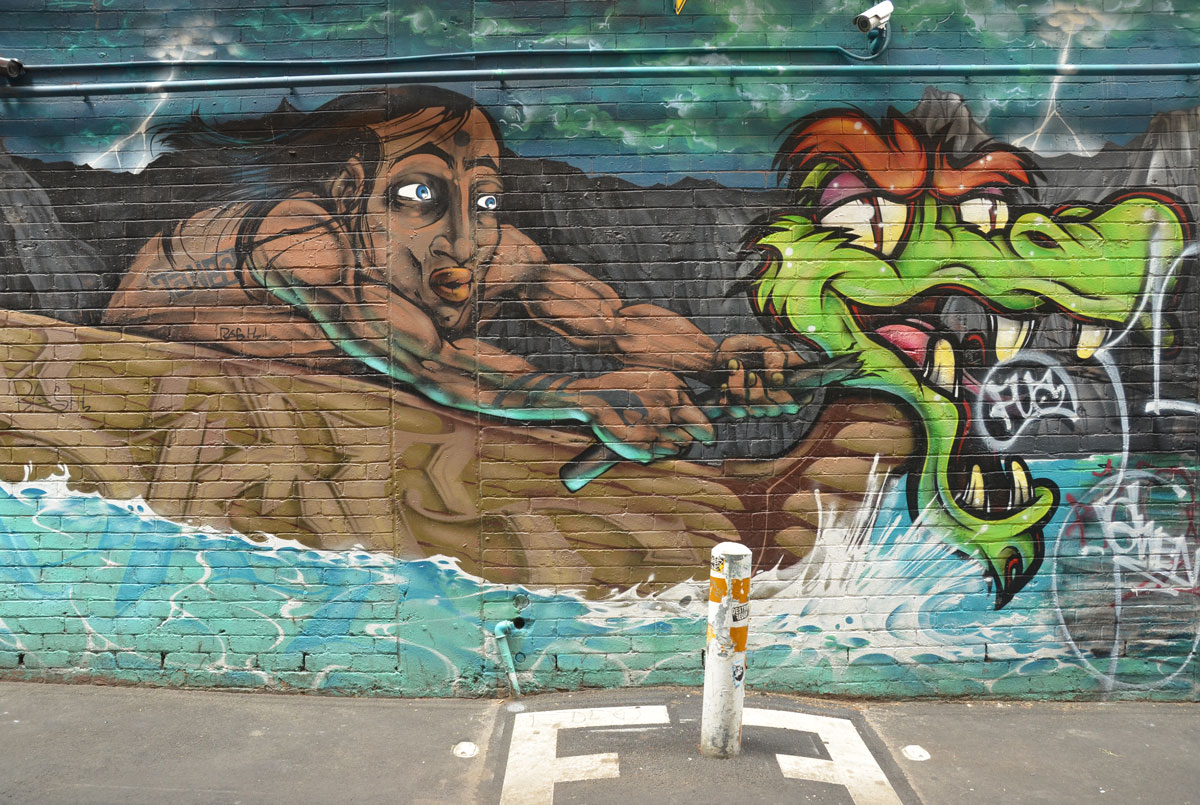 a mural by Sigma 80 in Drewery Lane Melbourne, a brown man in a brown boat that has a head of a dragon at the bow The dragon looks alive and it is turning its head slightly backwards to look at the man