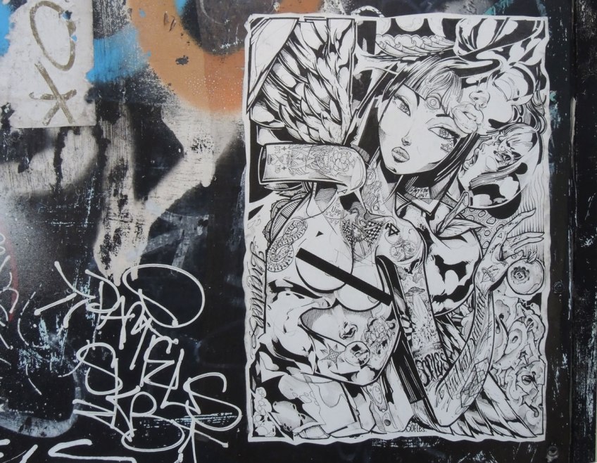 intricate and detailed drawing of a topless woman surrounded by objects