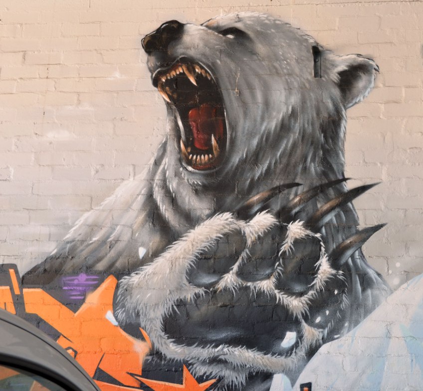 head and paw of a polar bear painted on a wall. The bear is roaring, it has it's mouth wide open and his teeth are showing.