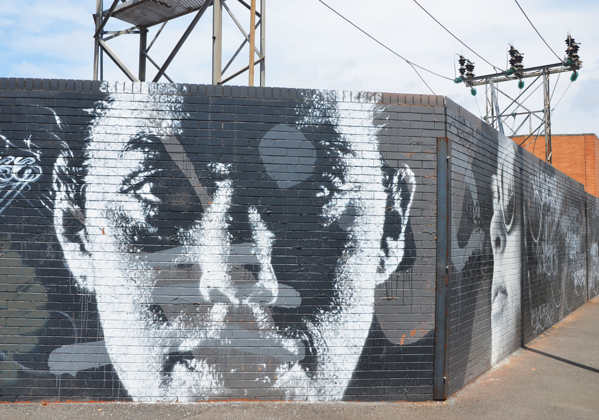 monochromatic realistic portrait of a woman part of a larger mural painted on a wall surrounding a power substation in Melbourne.  There are power lines in the background