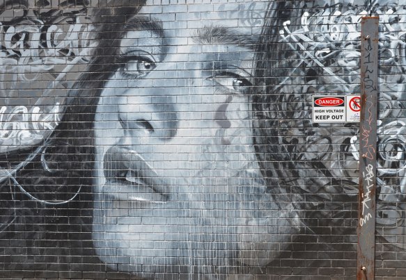 monochromatic realistic portrait of a woman part of a larger mural painted on a wall surrounding a power substation in Melbourne