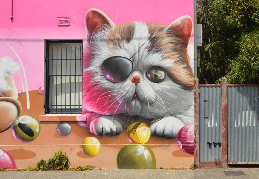 part of larger mural by smug in Melbourne, a kitten with an eye patch, standing in front of a table with marbles on it.