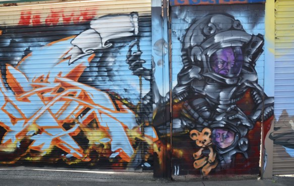 street art mural wearing purple masked space helmets, holding a white flag 