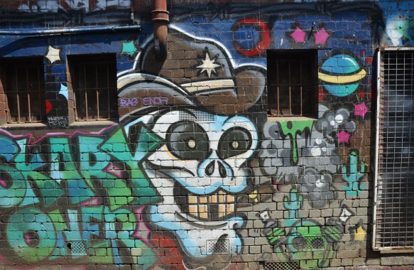white skull wearing a brown cowboy hat amongst graffiti tags on a brick wall. words "scary oner" written to the left of the skull