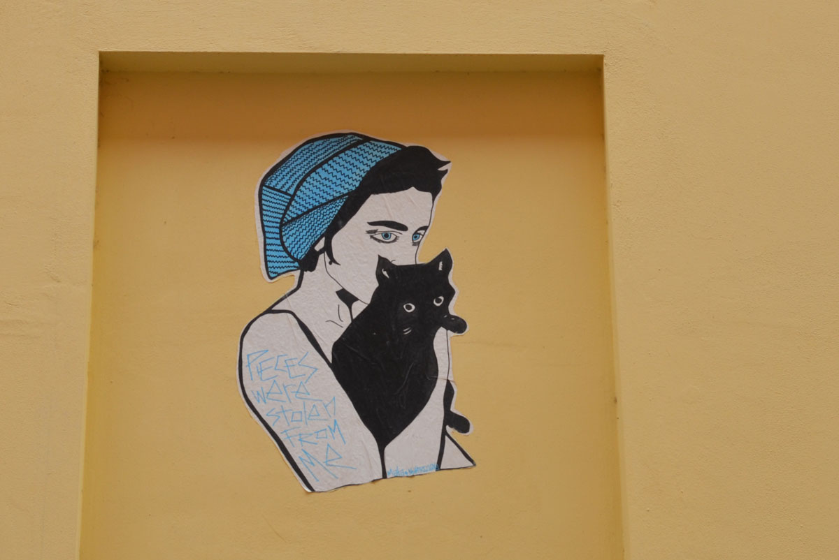 a paste up of a person with short black hair, a blue hat and blue eyes, holding a black cat. On the person's arm, written in blue are the words "Pieces were stolen from me"