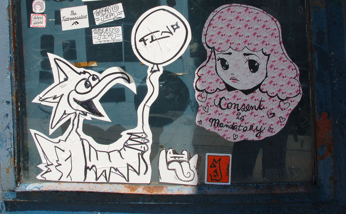 Starchild Stela character, a girl with shoulder length and slightly curly hair, sticker on a window, pale pink background with pink bows in a pattern, with the words 'consent in mandatory'