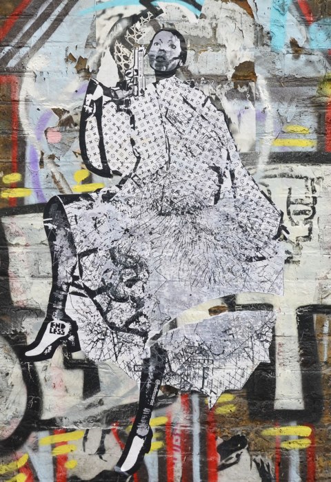 large black and white paste up of a woman in high heels and long flouncy dress 