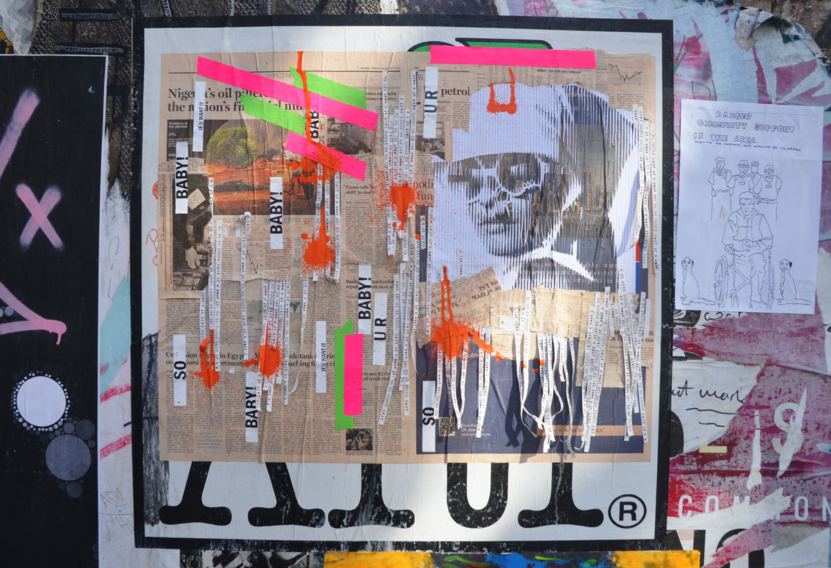 collage on newspaper, face, the word Baby many times, in a black outline