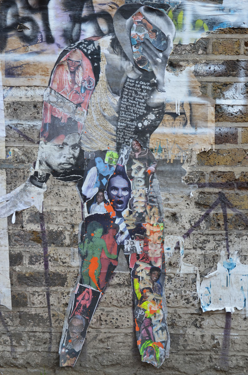 a street art peice in the shape of a person walking, made up of a collage of pictures of people's heads