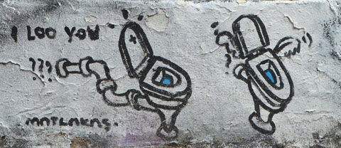 graffiti drawn on a grey wall, two toilets, with words that say I loo you