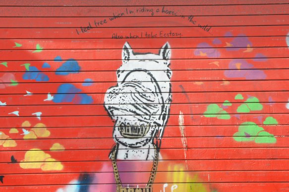 wall painted red, stencil of a horse's head plus some blobs in green, yellow and blue. Words written on it that say I feel free when I ride a horse in the wild and when I take ecstasy