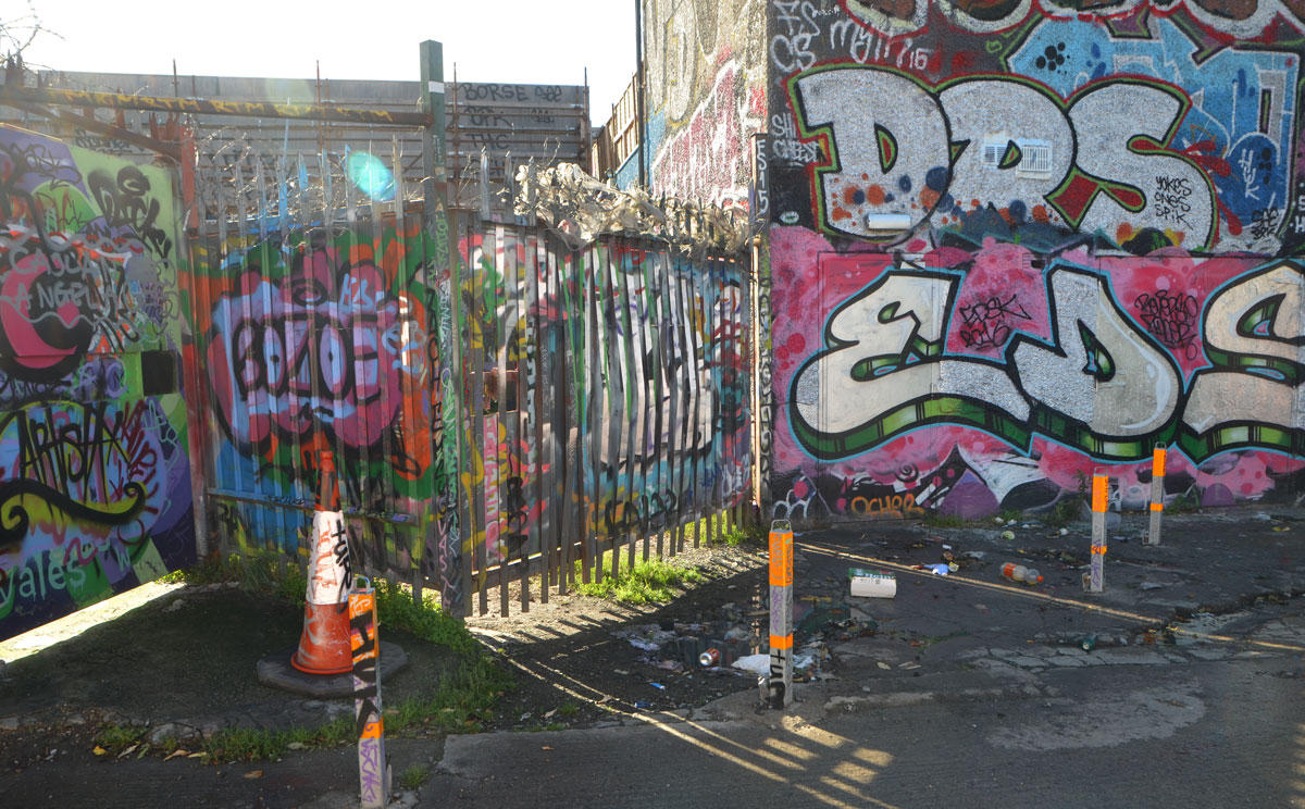 graffiti and street art on fences, with sunlight shining through