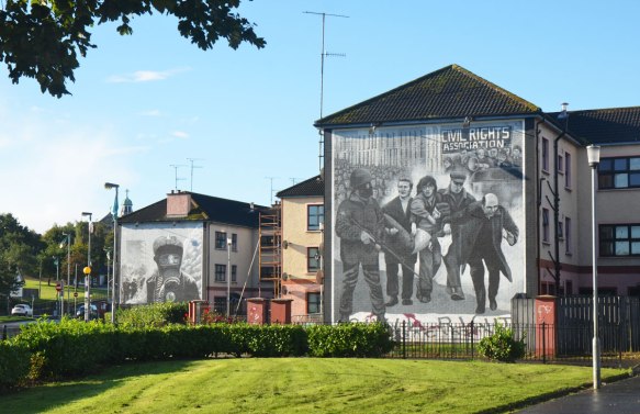 Free Derry mural in Bogside, Derry Northern Ireland, in shades of grey, commemorating Bloody Sunday in 1972 