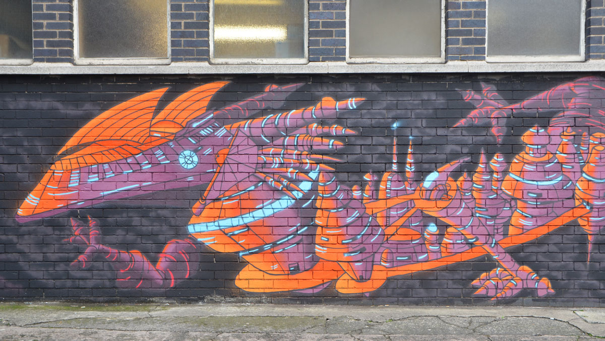 horizontal mural of a long purple and orange dragon