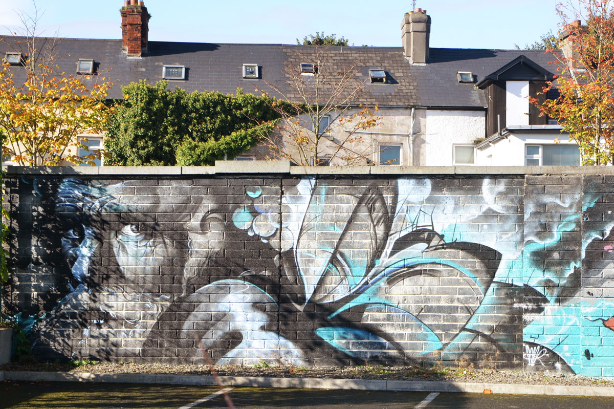 on a brick wall, with houses behind, a mural of a man in grey monotone, some blur highlights in the rest of the mural which is a picture of ships at sea