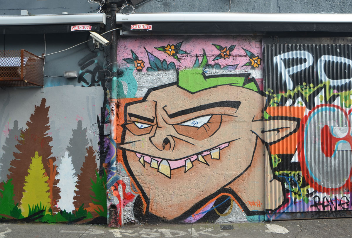 stylized drawing of a leering young man's face with gaps between his teeth 