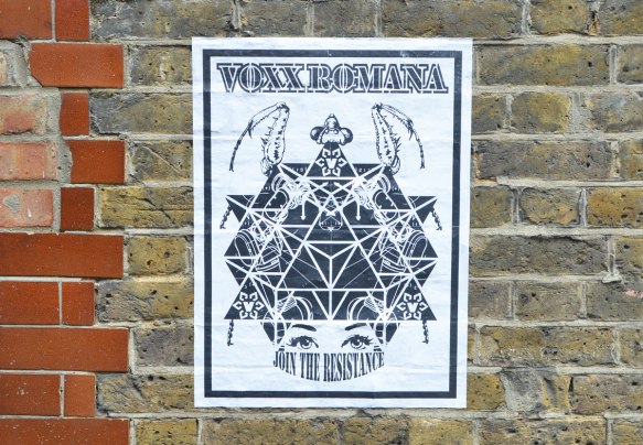 black and white poster by Voxx Romana, Join the Resistance, a woman's face with elaborate head dress