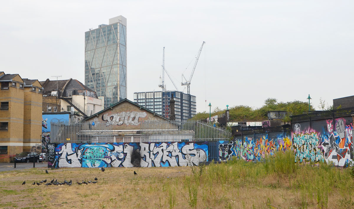 looking across a park, grass in the foreground. A fence covered with graffiti separates the park from buildings, a new glass skyscraper in the distance along with some construction cranes and other new construction. 