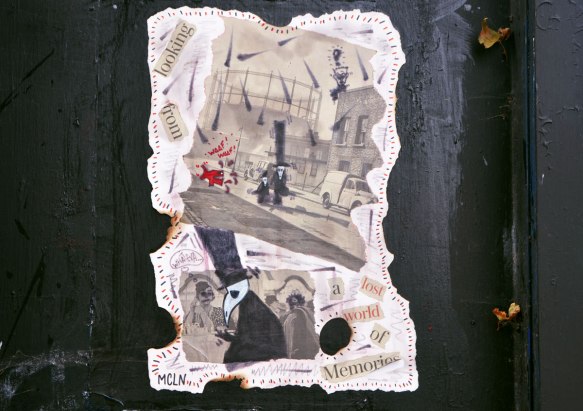 paper paste up by mcln of memory, characters in black top hats and black coats walking streets of the past 