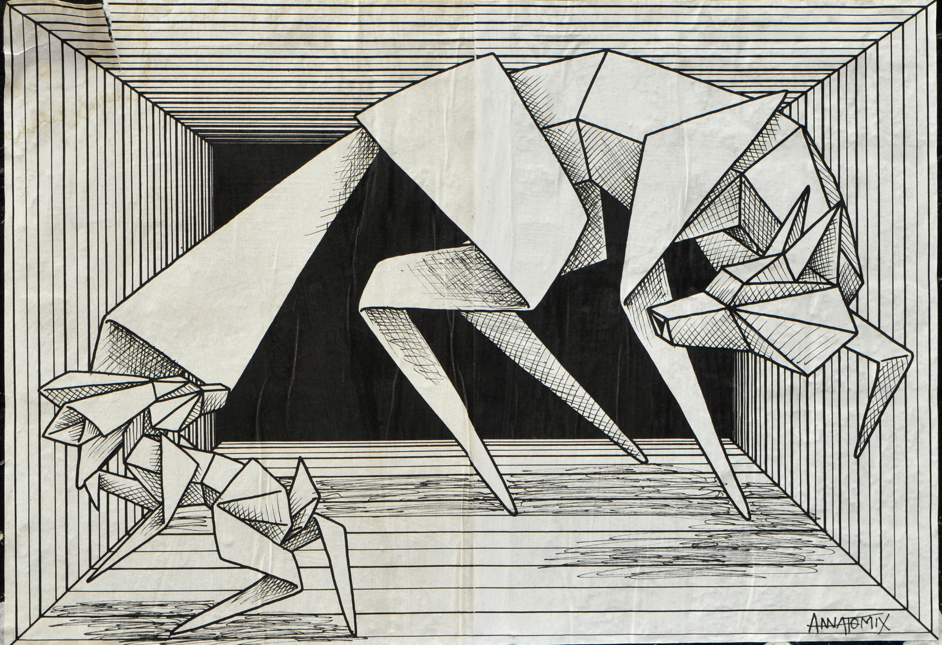 graffiti and street art on fashion street in shoreditch east london, paper paste up of a drawing in black and white that looks like folded paper rabbit nipping at the tail of a folded paper fox