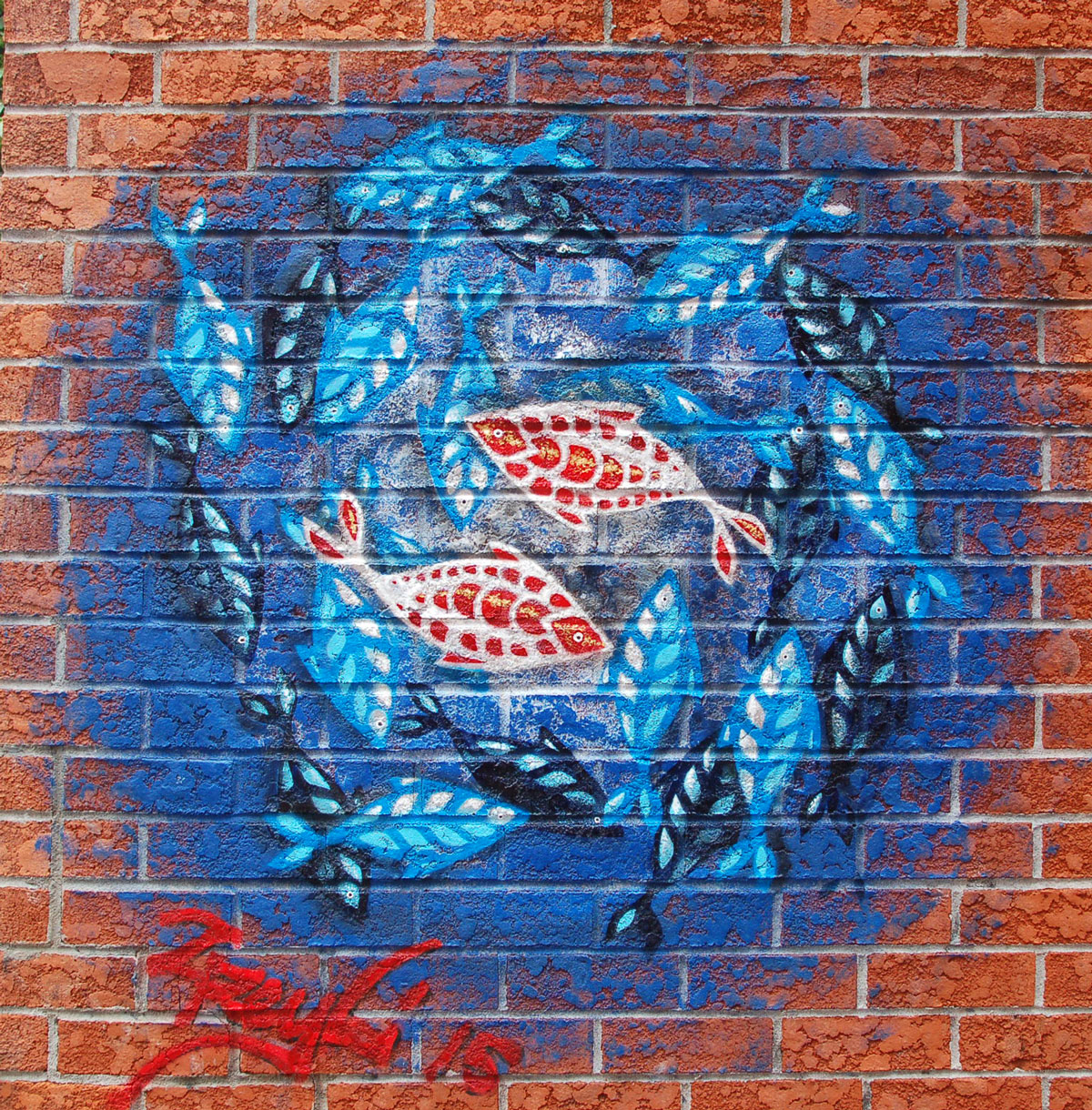 street art, graffiti, animals painted on a wall - a blue circle with concentric patterns of fish in reds, blues and blacks
