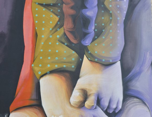 part of a large multi storey vertical mural on the side of an apartment building in Paris called 'Our Utopia is Their Future' by inti - boys feet