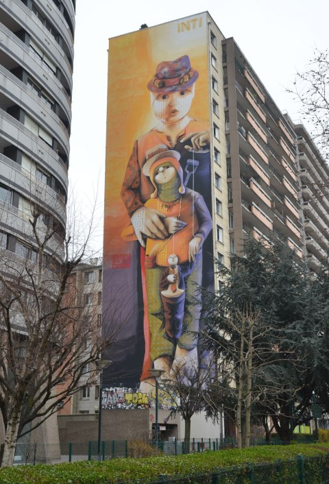 a large multi storey vertical mural on the side of an apartment building in Paris called 'Our Utopia is Their Future' by inti - 