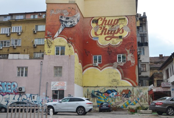 Chupa chups logo painted large on a wall in Sofia, exterior