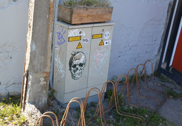 a large sticker with a realistic picture of a skull on it, on a small electrical box beside a building