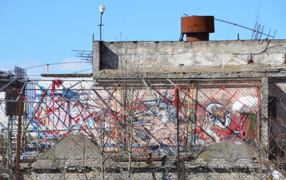 street art on a wall that is hard to see because it is behind a fence