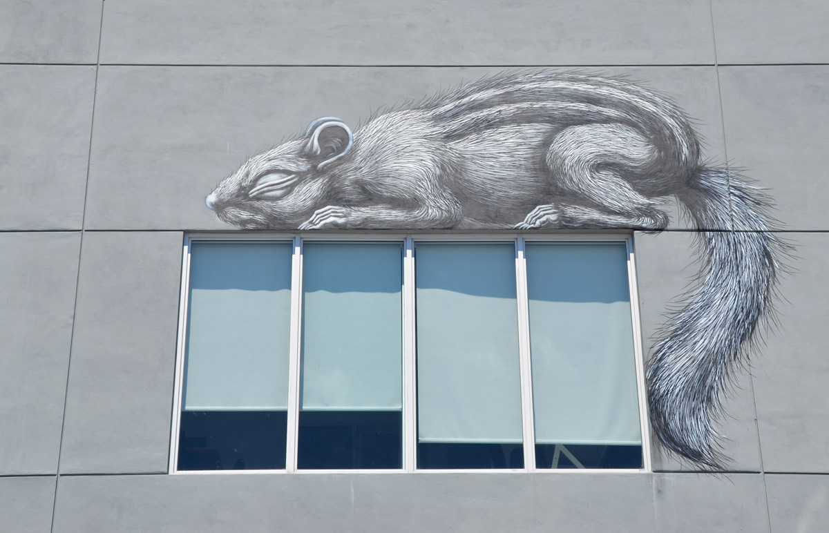 small rodent sleeping on top of a window, black and white mural by ROA