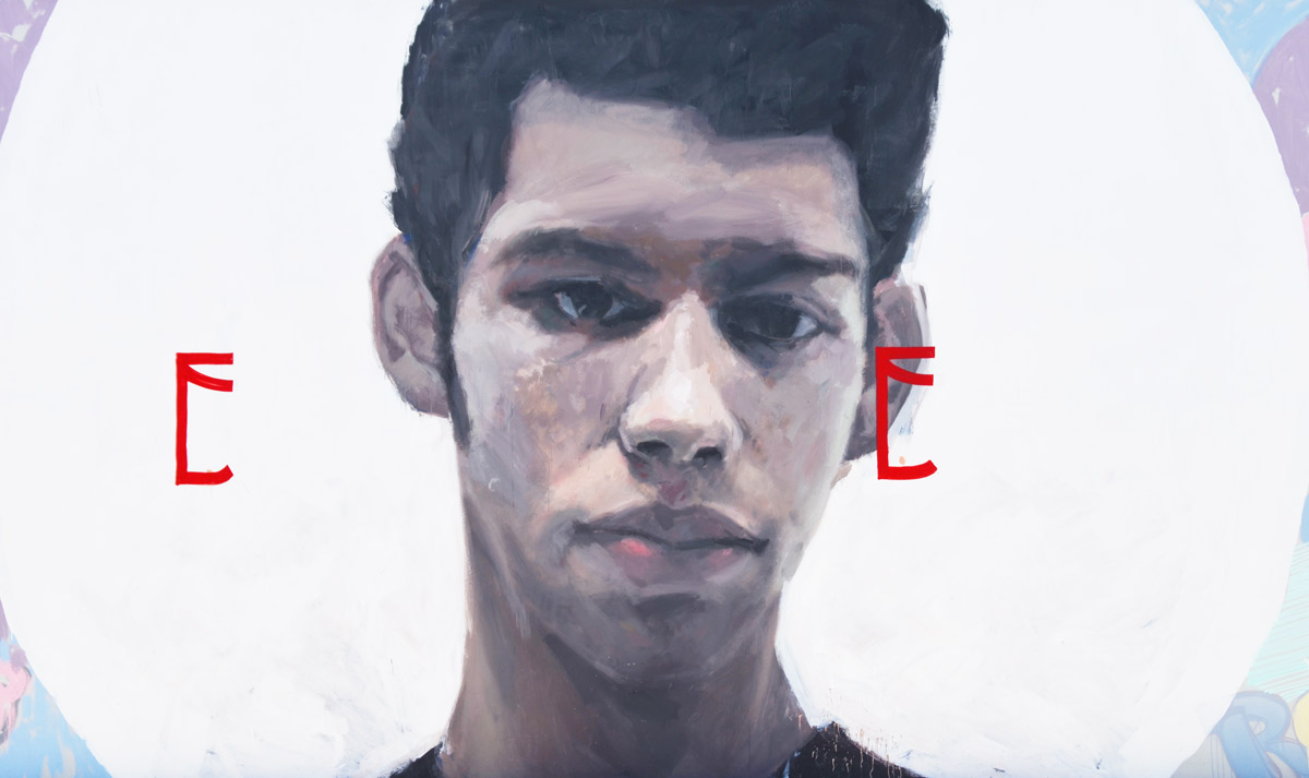center of mural, a young man's head and face, a portrait of Israel Hernandez, aka Reefa, by Axel Void
