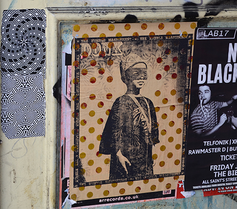 donk pasteup of a boy in hat, wearing mask and standing with his hands at his side, background is covered with large red polka dots - the border is the words The Humble Magnificent repeated 8 times 