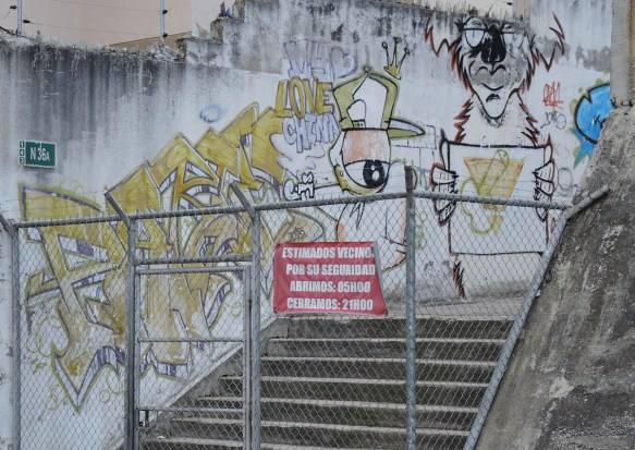 graffiti on a wall beside an outdoor stairwell, behind a chainlink fence in Quito Ecuador 
