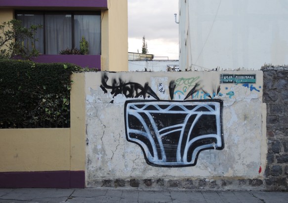 large black and white painting of a pair of men's briefs, underpants in Quito 