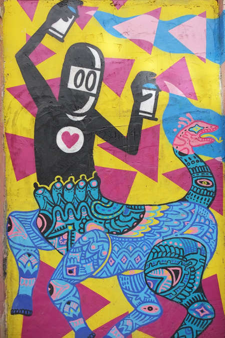 David da Limon black ninja character, with a red heart, with a spray paint can in each hand and spraying while riding on a dragon like character drawn by a different artist 