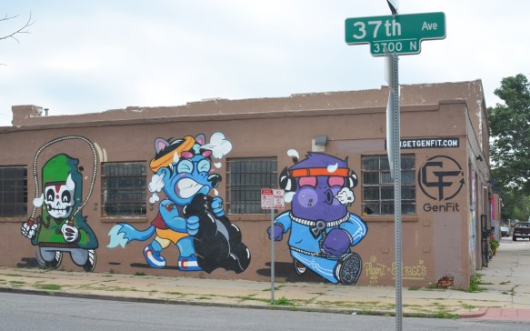 genfit store or gym, characters on outside wall in gym or exercise clothes, cartoonish characters 