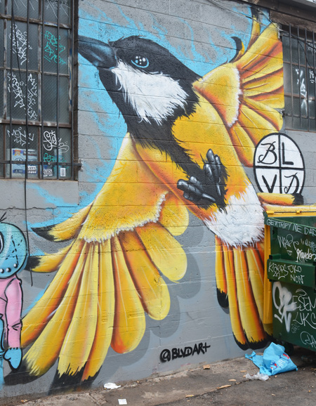 large painting by @blvdart of a yellow bird with black and white head 