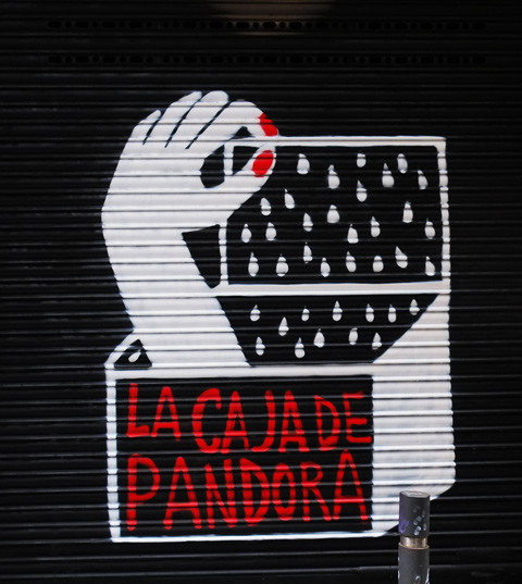 La Caja de Pandora, Pandora's box, in white on black background, a hand is coming out of the box, with bright red nail polish, box is open, 