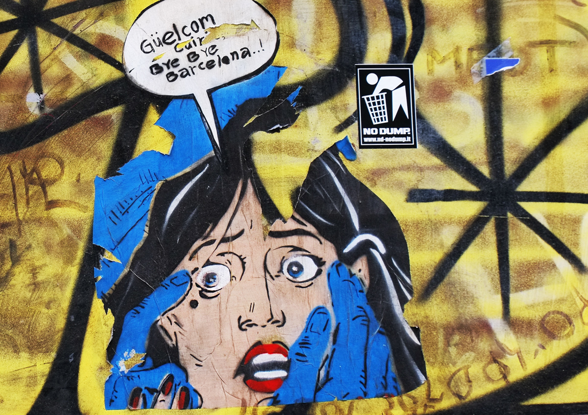 pasteup of a woman with blue hands reaching out for her face, also the words, guelcom 