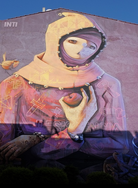large mural by inti in Kadikoy Turkey, person with hood, holding an apple in hand, 