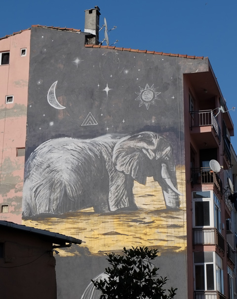 a large mural of a realistic looking elephant at night, in grey tones, moon and stars too 