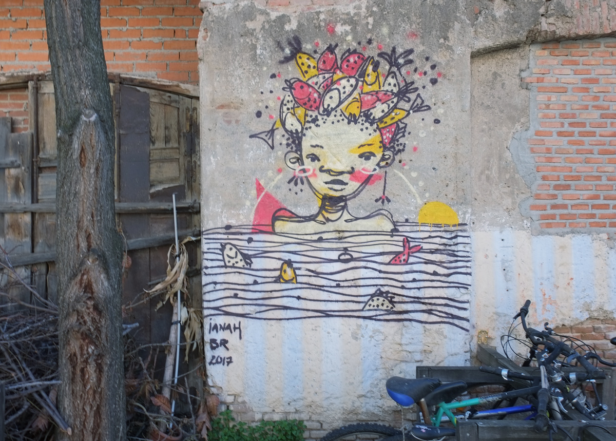 painting on a wall of a girl's head and shoulders, in water, with fish covering her head, and fish swimming in the water, 